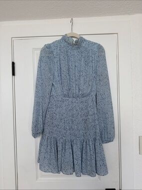 House of Harlow Light Blue Floral Long-Sleeve Smocked Waist Dress